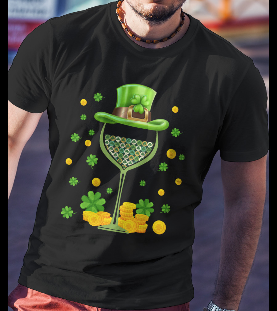 Patrick's Day Wine Glasses Leprechaun Hat Clover Coins T-Shirt