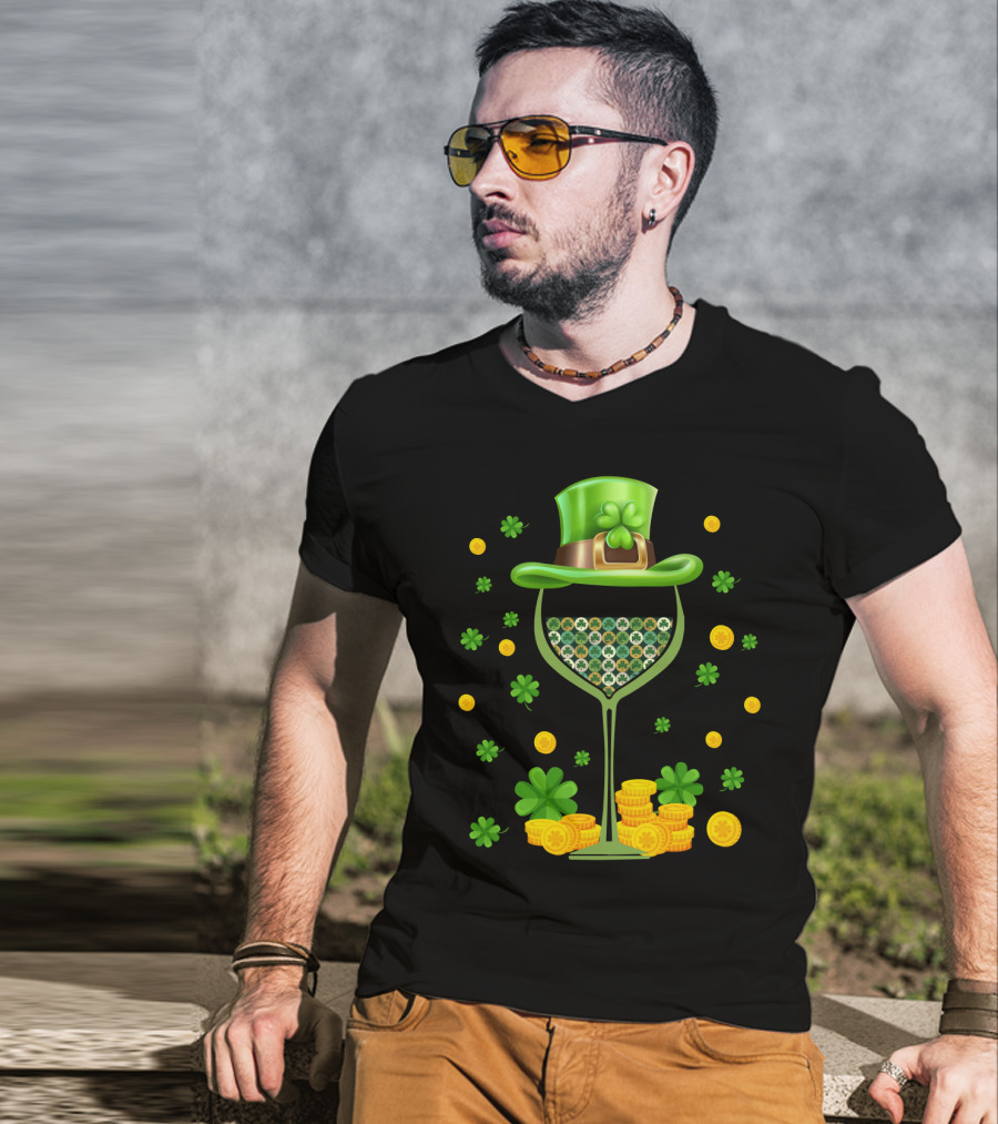 Patrick's Day Wine Glasses Leprechaun Hat Clover Coins T-Shirt