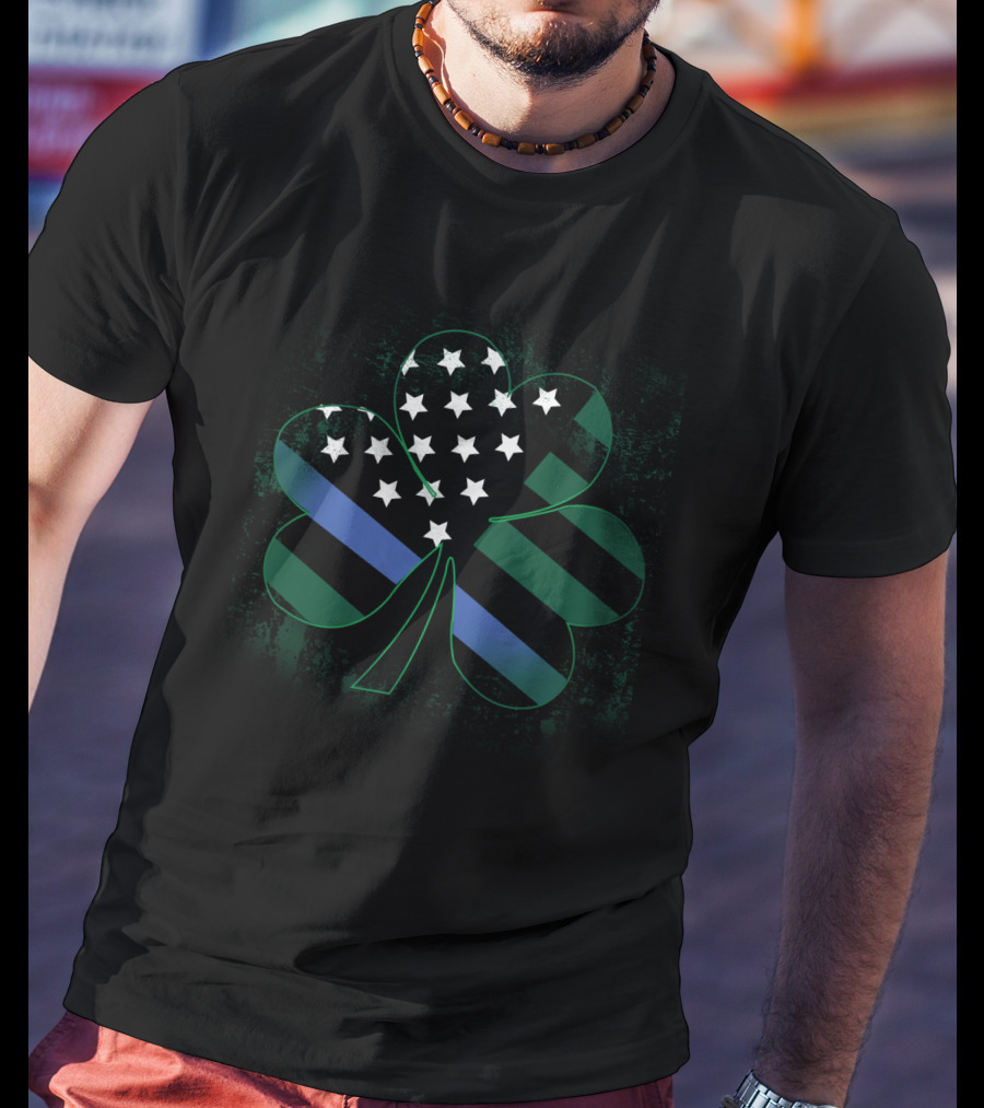 St Patrick's Day American Flag Shamrock Blue Line T-Shirt