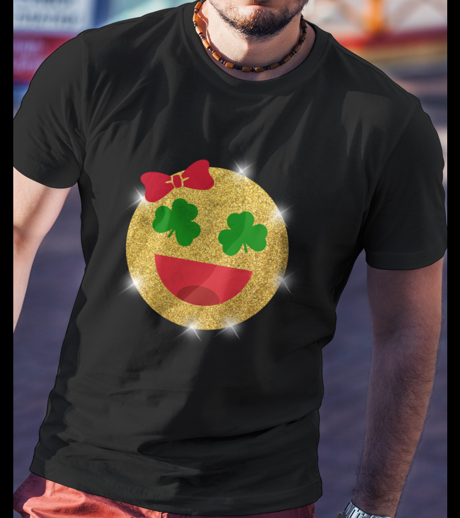 St Patrick's Day Glitter Shamrock Emoji Bow Smiley T-Shirt