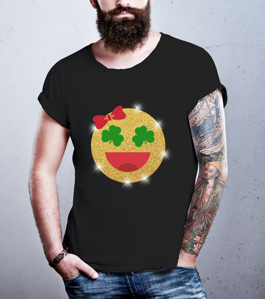St Patrick's Day Glitter Shamrock Emoji Bow Smiley T-Shirt