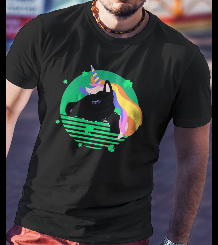Rainbow Unicorn With Clover And Stripes St Patrick's Day T-Shirt
