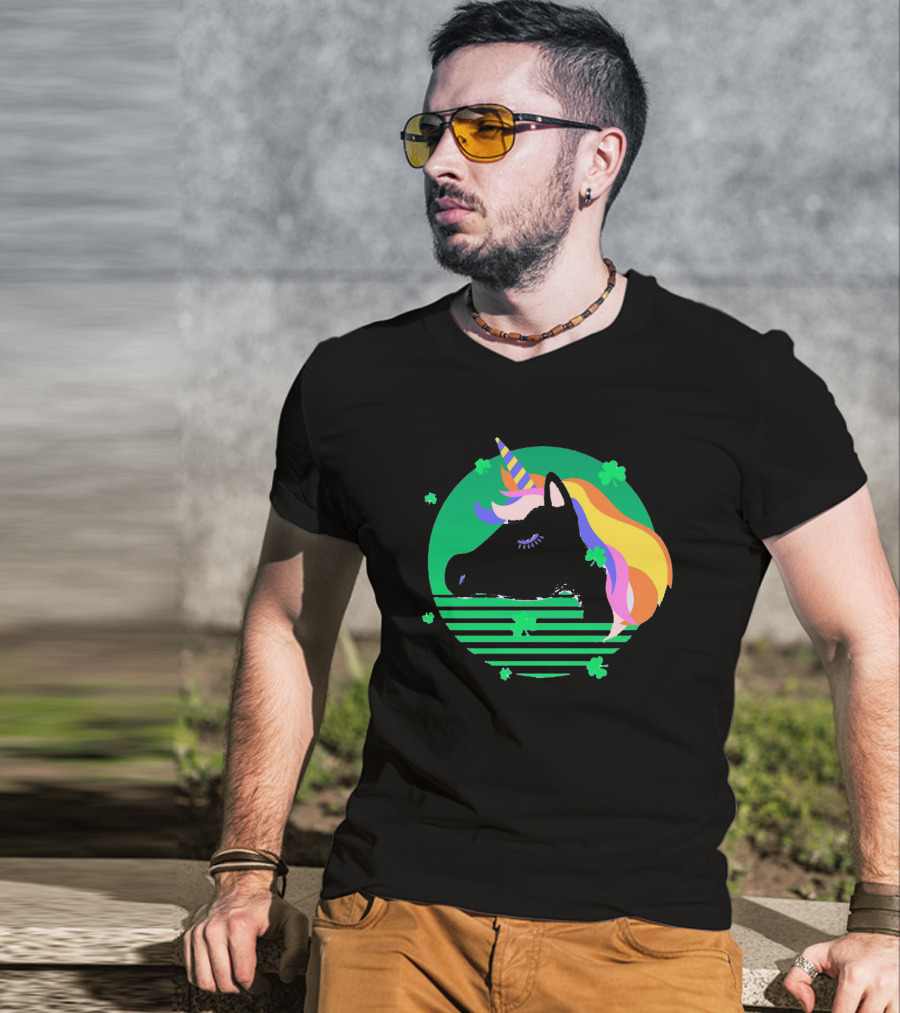 Rainbow Unicorn With Clover And Stripes St Patrick's Day T-Shirt