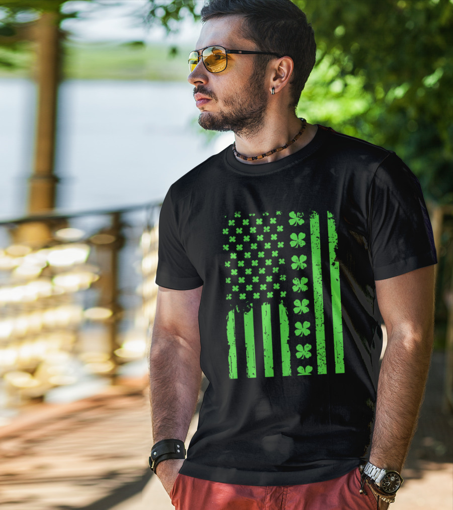 American Flag Green Clover Shamrock T-Shirt
