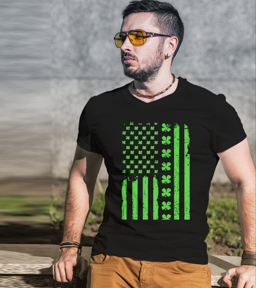 American Flag Green Clover Shamrock T-Shirt