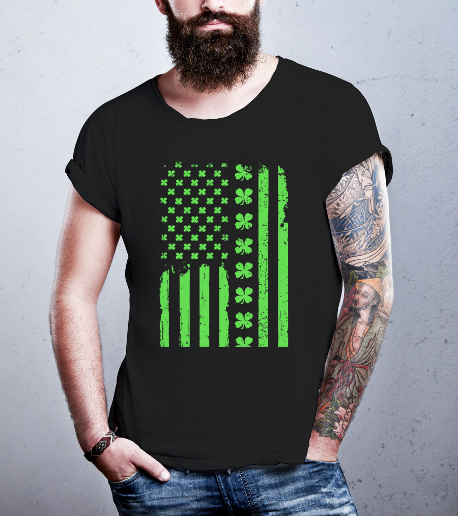 American Flag Green Clover Shamrock T-Shirt