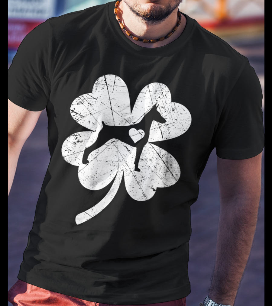 Doberman Silhouette Heart Shamrock Clover St Patricks Day Irish T-Shirt