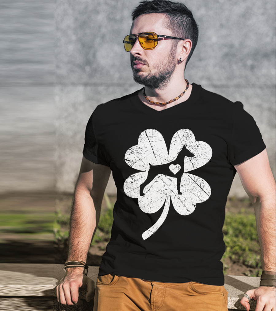 Doberman Silhouette Heart Shamrock Clover St Patricks Day Irish T-Shirt