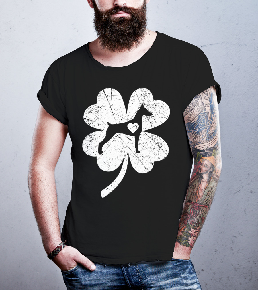 Doberman Silhouette Heart Shamrock Clover St Patricks Day Irish T-Shirt