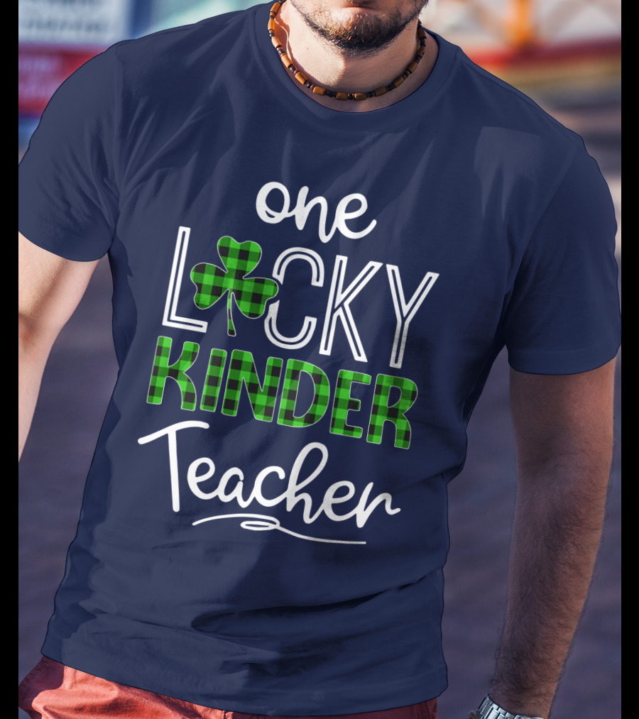 One Lucky Kinder Teacher Shamrock Plaid T-Shirt