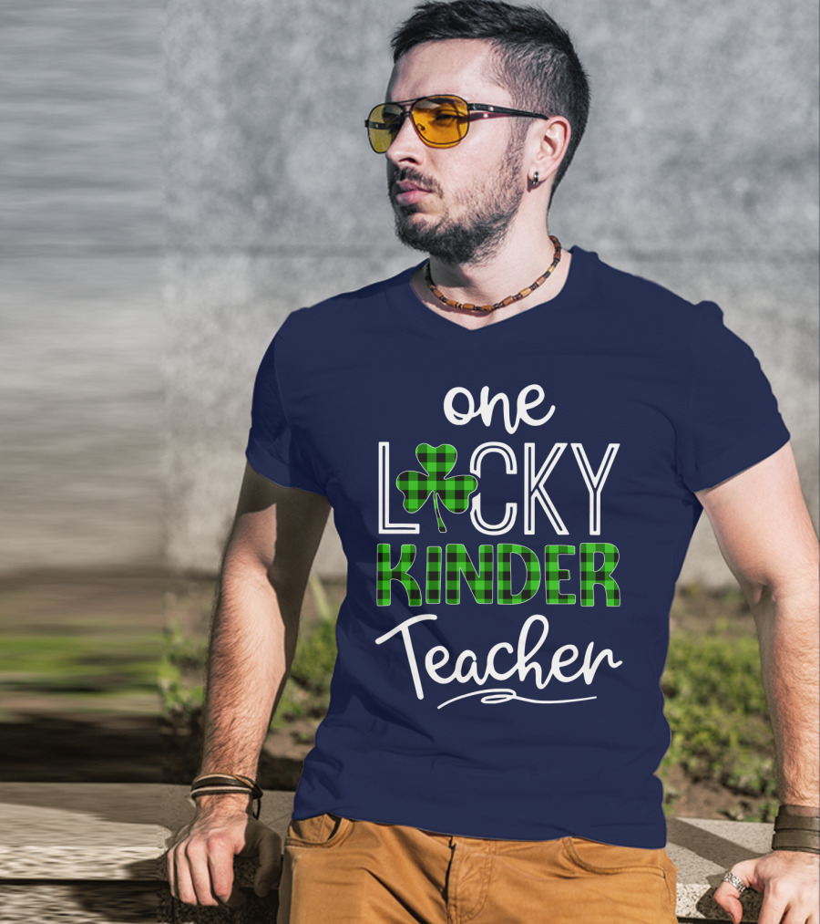 One Lucky Kinder Teacher Shamrock Plaid T-Shirt