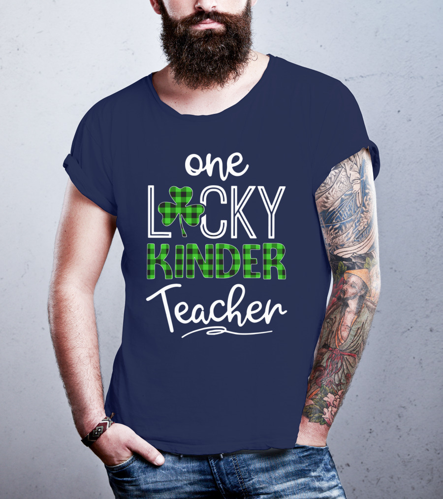 One Lucky Kinder Teacher Shamrock Plaid T-Shirt