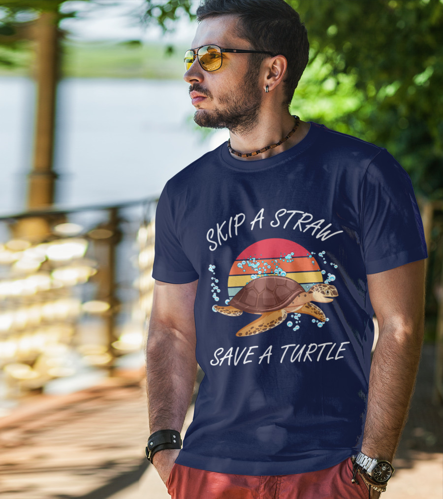 Skip A Straw Save A Turtle Retro Sunset Ocean T-Shirt