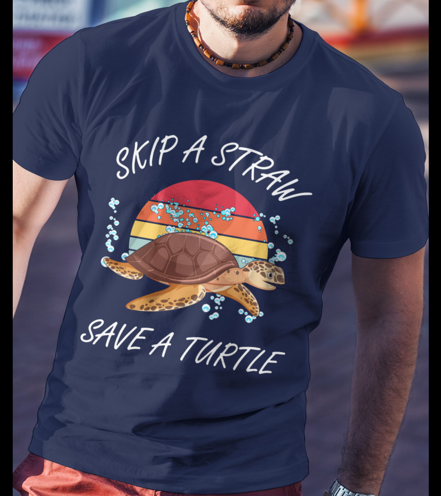 Skip A Straw Save A Turtle Retro Sunset Ocean T-Shirt