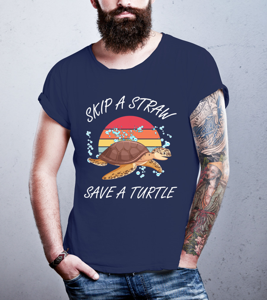 Skip A Straw Save A Turtle Retro Sunset Ocean T-Shirt