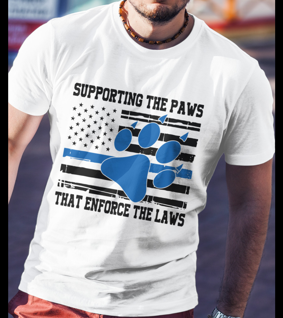 Supporting The Paws That Enforce The Laws American Flag Blue Paw Prints T-Shirt