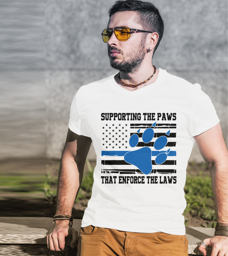 Supporting The Paws That Enforce The Laws American Flag Blue Paw Prints T-Shirt