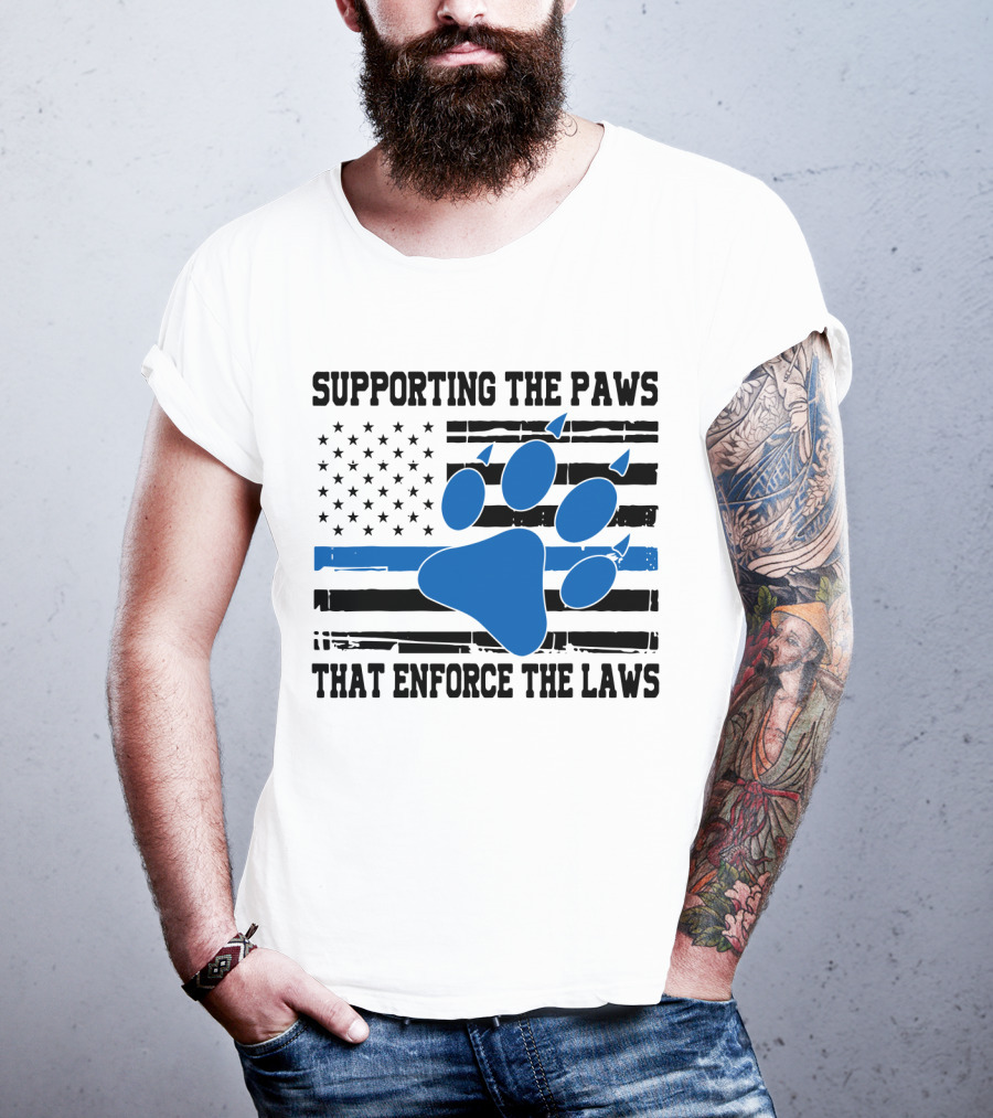 Supporting The Paws That Enforce The Laws American Flag Blue Paw Prints T-Shirt
