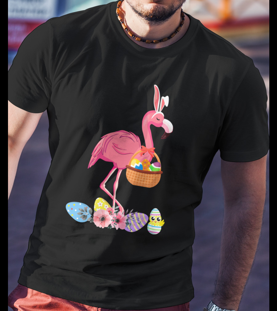 Flamingo With Easter Basket And Colorful Eggs T-Shirt