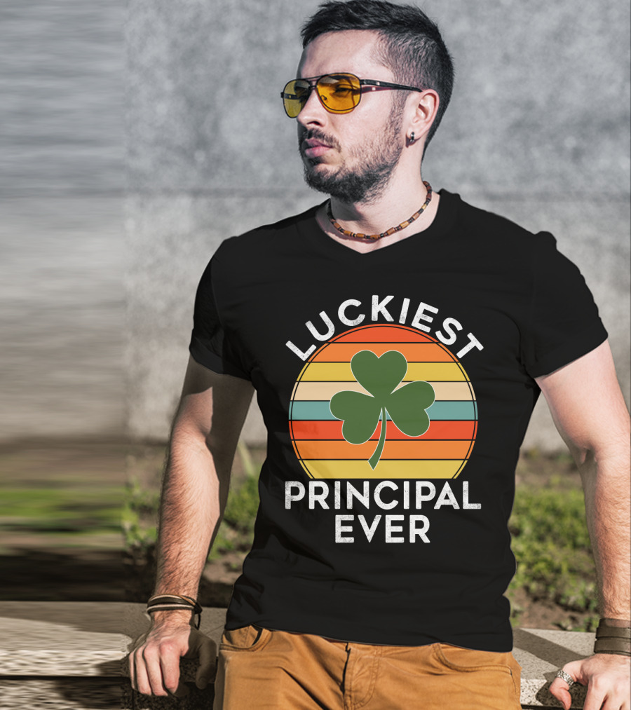 Luckiest Principal Ever Shamrock Retro Stripes T-Shirt