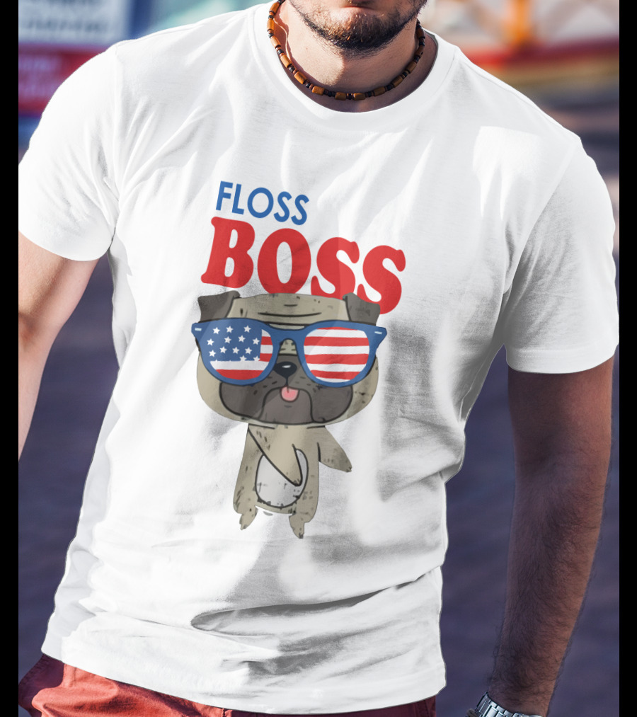 Floss Like A Boss Bulldog With American Flag Sunglasses T-Shirt