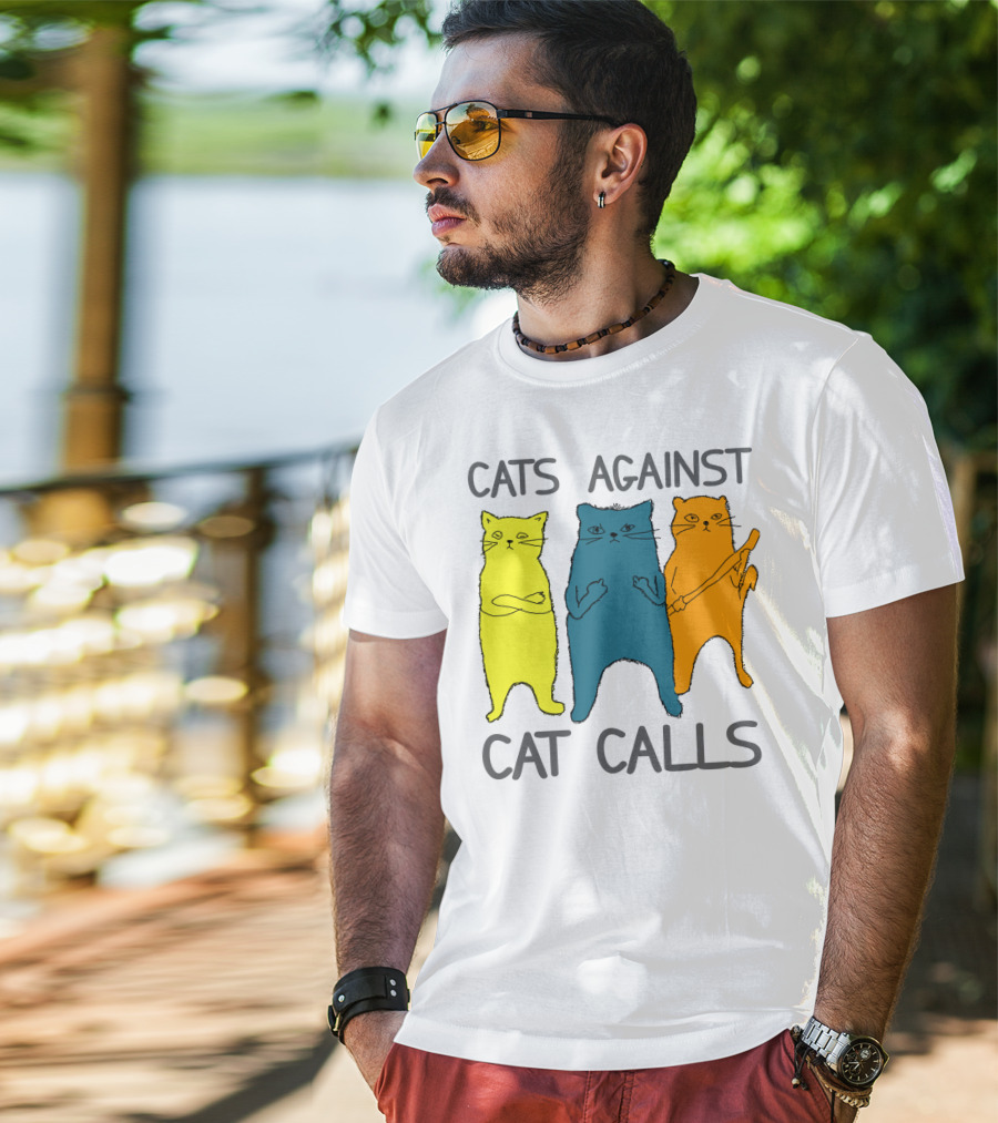 CATS AGAINST CAT CALLS Three Colorful Cats United Stance T-Shirt
