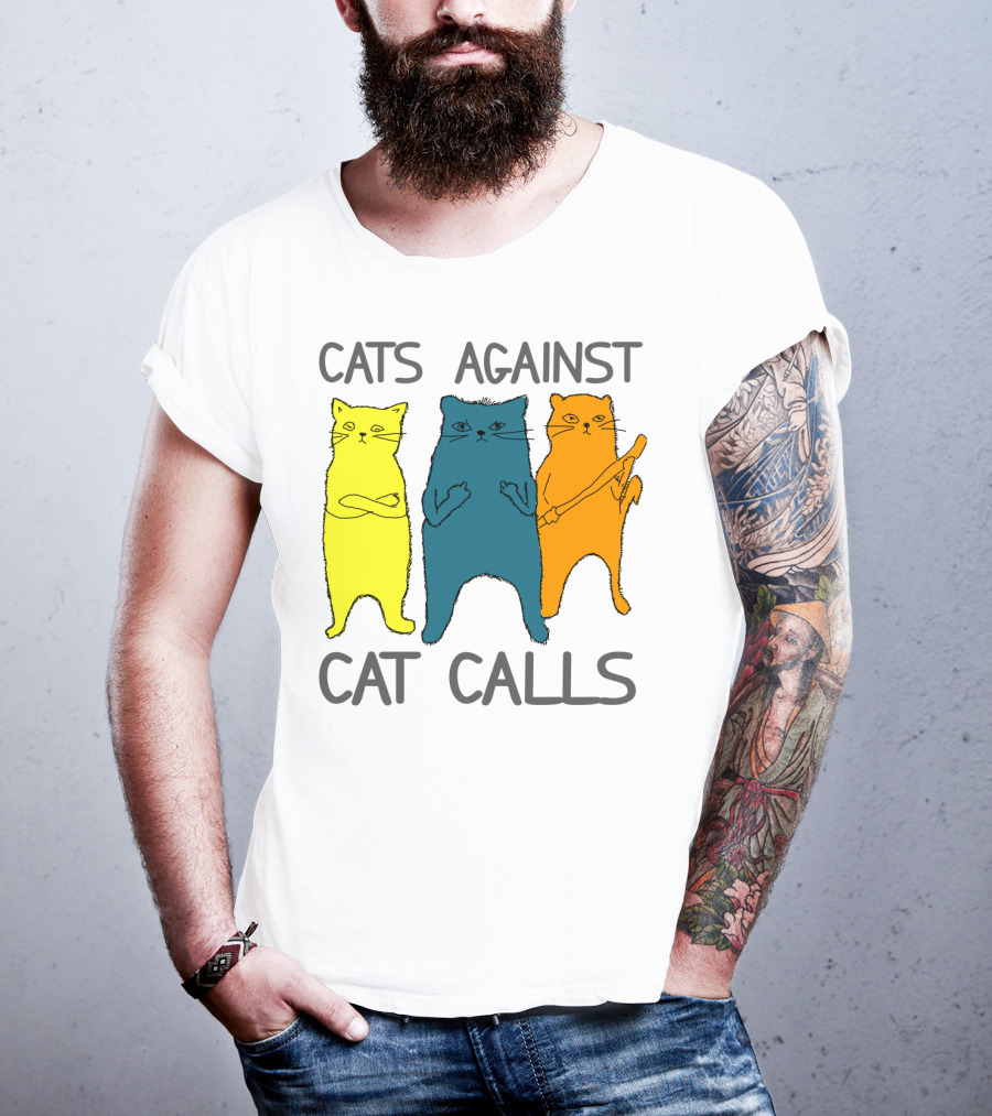 CATS AGAINST CAT CALLS Three Colorful Cats United Stance T-Shirt