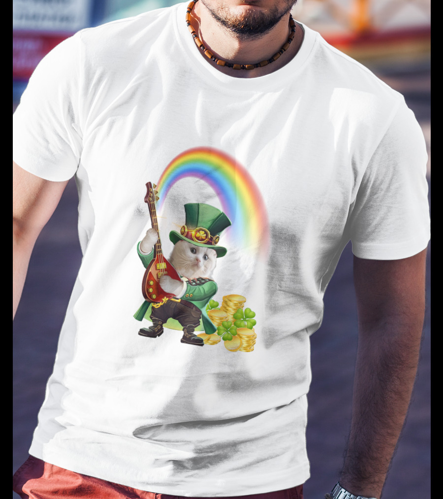 Cat Playing Guitar In Leprechaun Outfit With Rainbow And Gold Coins T-Shirt