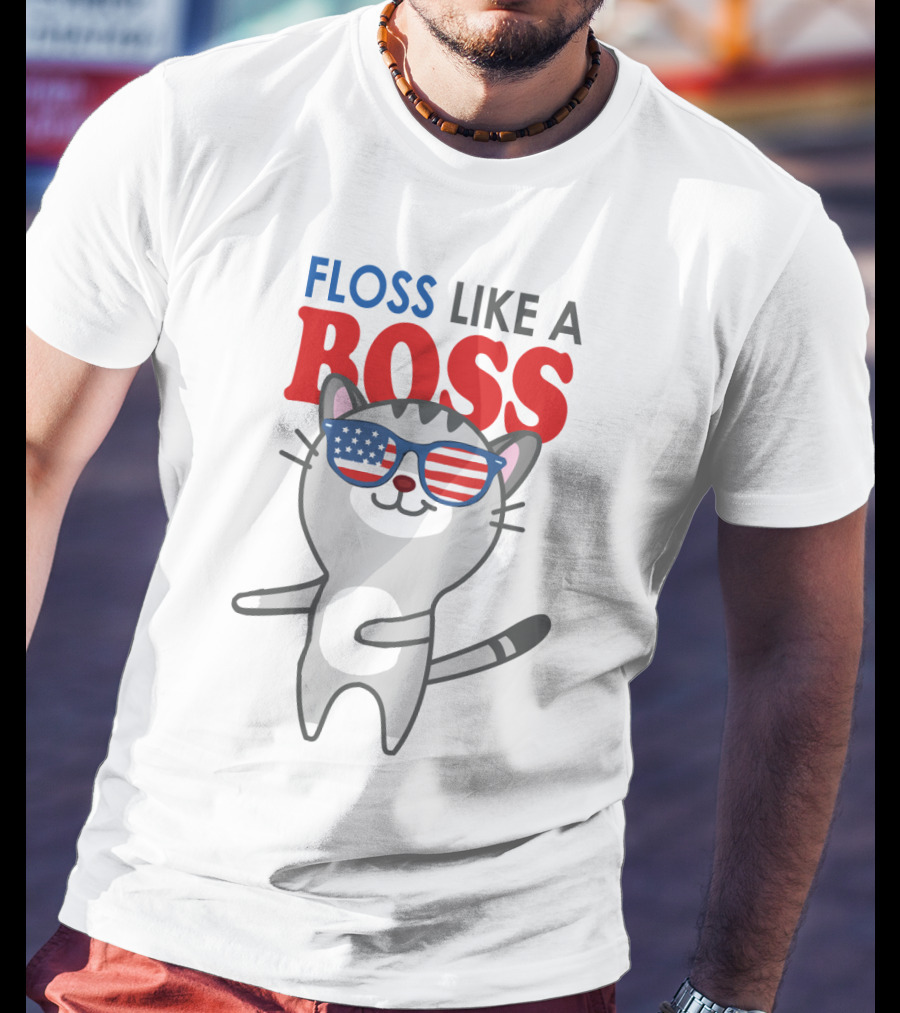 Floss Like A Boss Cat With American Flag Sunglasses T-Shirt