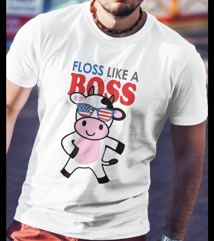 Floss Like A Boss Cow With American Flag Sunglasses T-Shirt