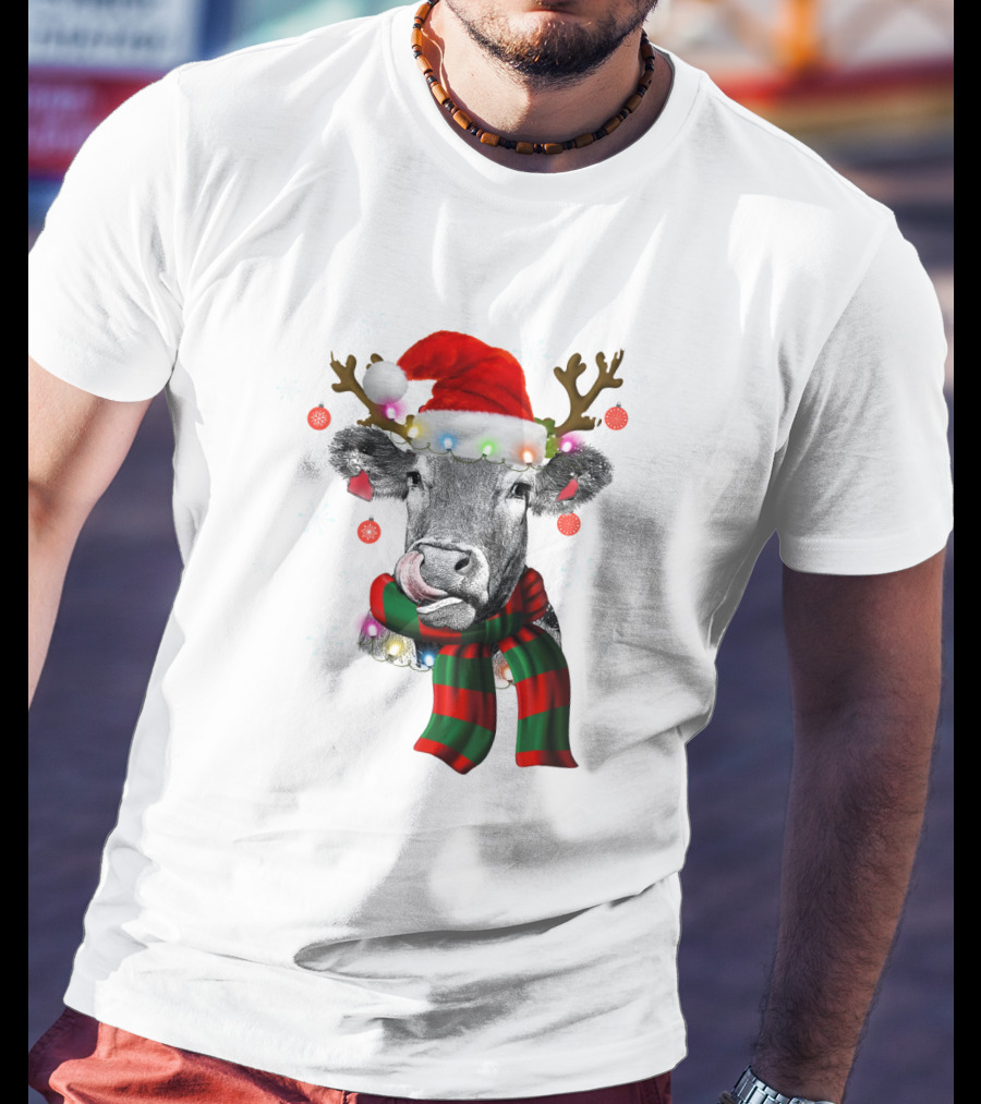 Cows Reindeer Santa Claus Christmas Lights Scarf Antlers Snowflakes Ornaments T-Shirt