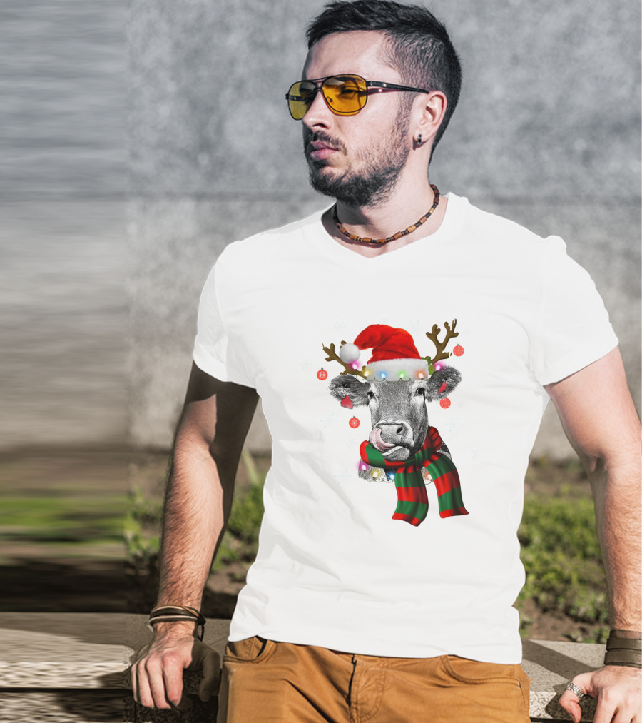Cows Reindeer Santa Claus Christmas Lights Scarf Antlers Snowflakes Ornaments T-Shirt