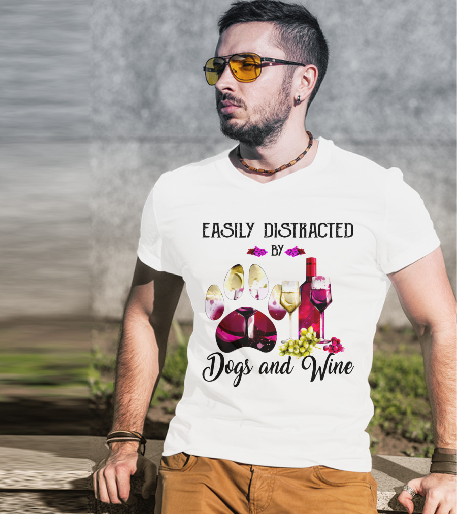 Easily Distracted By Dogs And Wine Paw Print With Bottle And Glasses T-Shirt