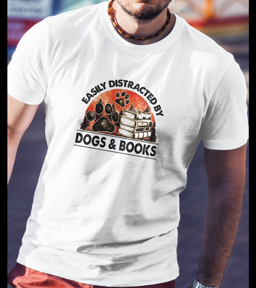 Easily Distracted By Dogs And Books Paw Print Stack T-Shirt
