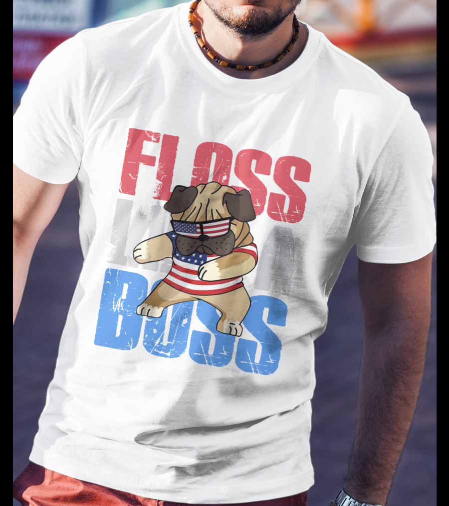Floss Like A Boss American Flag Bulldog With Sunglasses T-Shirt