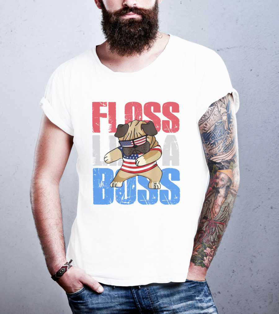 Floss Like A Boss American Flag Bulldog With Sunglasses T-Shirt