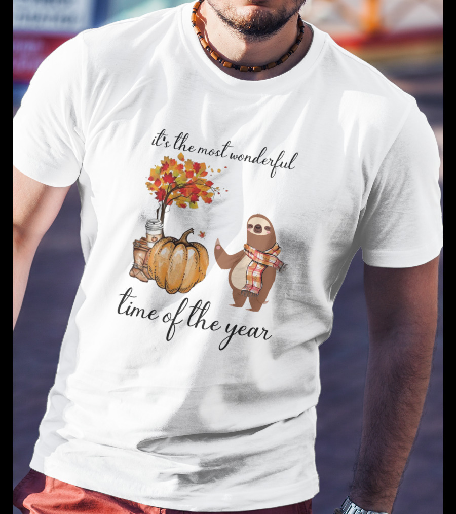 It's The Most Wonderful Time Of The Year Sloths Pumpkin Coffee Leaves Fall T-Shirt