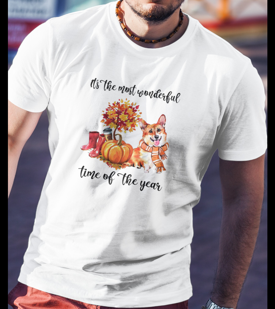 It's The Most Wonderful Time Of The Year Corgi Dog Autumn Leaves Scarf Pumpkins And Boots T-Shirt