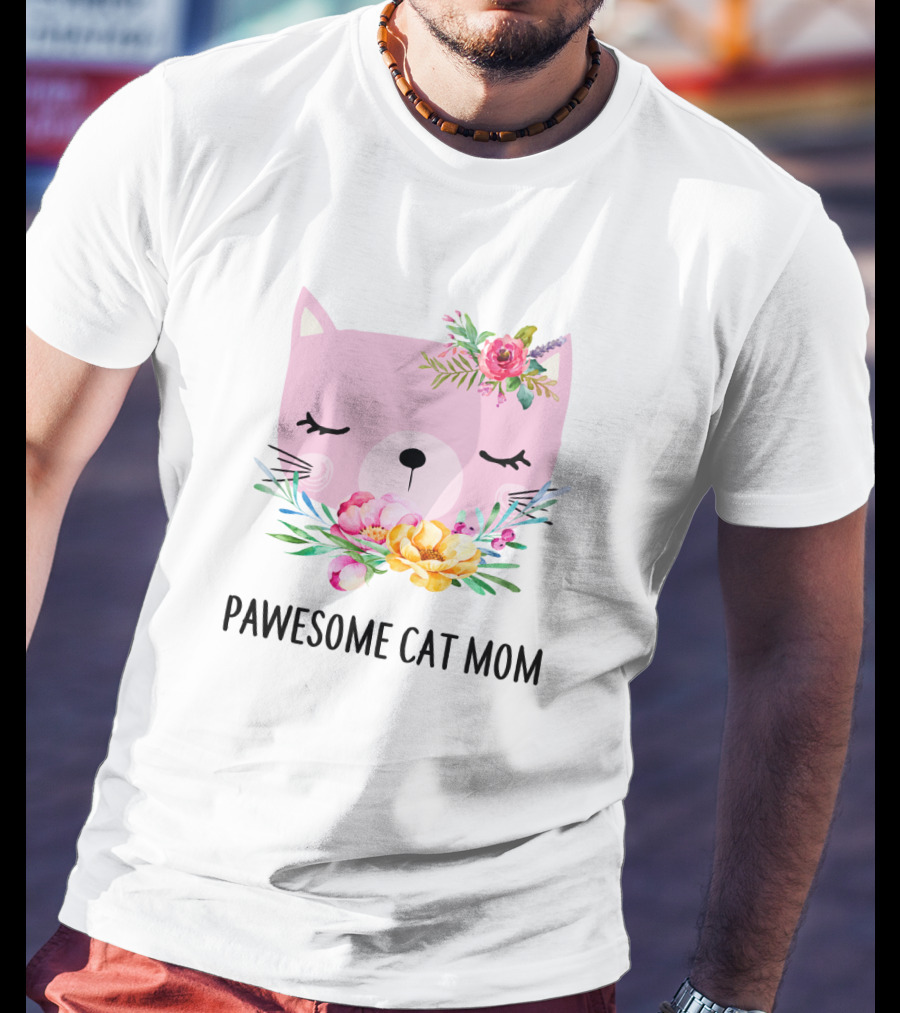 Pawesome Cat Mom Floral Pink Face T-Shirt