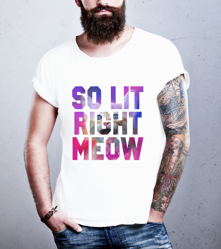 SO LIT RIGHT MEOW Cat Typography T-Shirt
