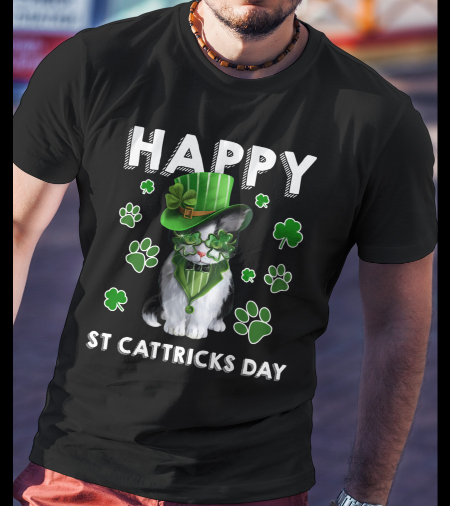 Happy St Cattrick's Day Funny Cats Shamrock T-Shirt