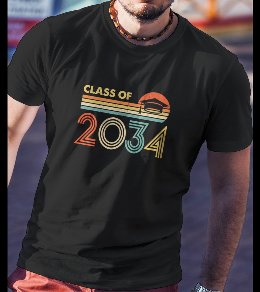 Class Of 2034 Retro Graduation Cap And Stripes T-Shirt