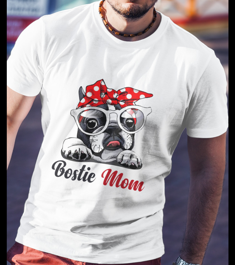 Bostie Mom Glasses And Red Polka Dot Headband Dog T-Shirt