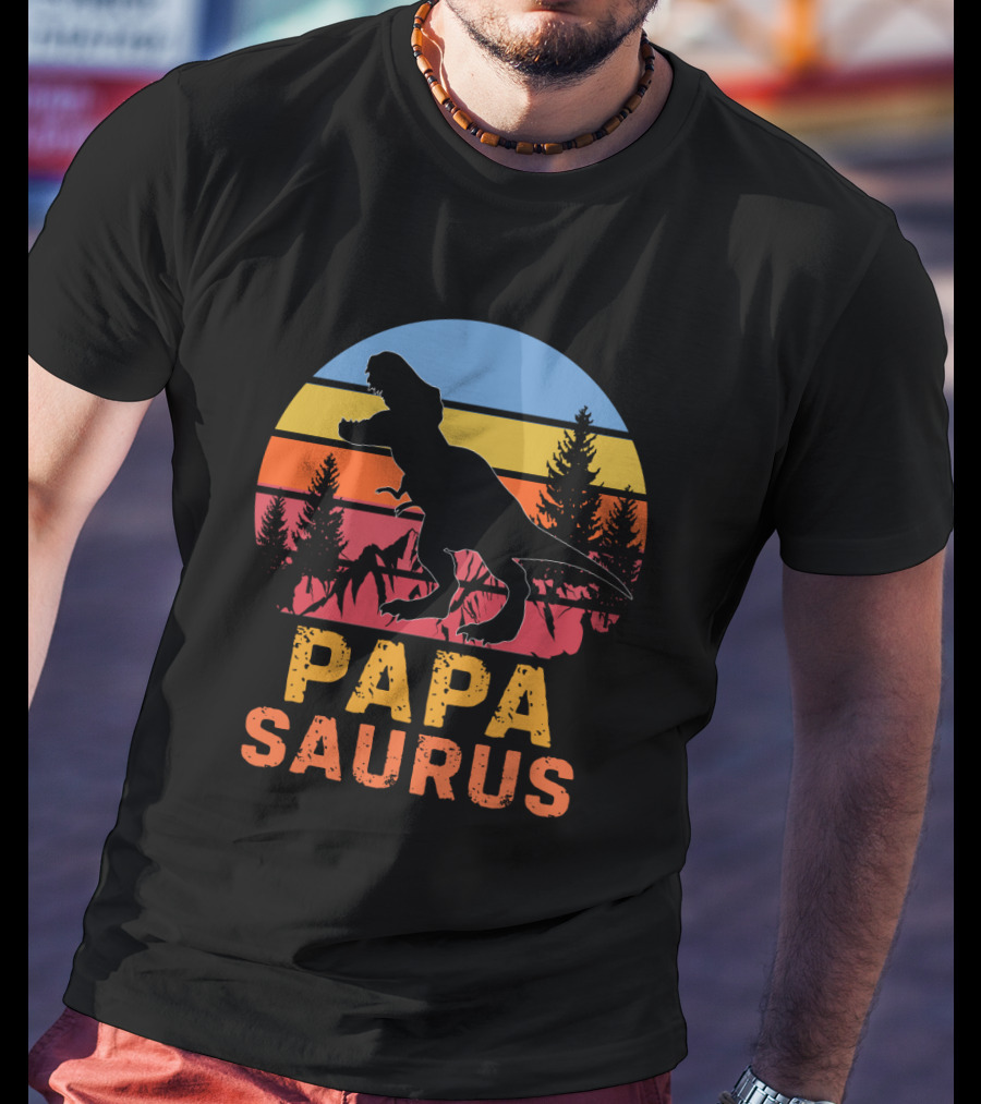 PAPA SAURUS Rex Dinosaur Silhouette Vintage Sunset T-Shirt