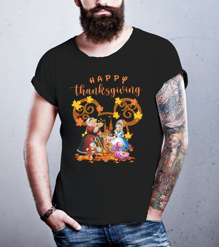 Happy Thanksgiving Alice Queen Mad Hatter Cheshire Cat Leaves T-Shirt