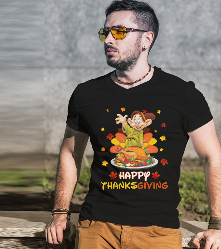 Dopey Happy Thanksgiving With Turkey And Autumn Leaves T-Shirt