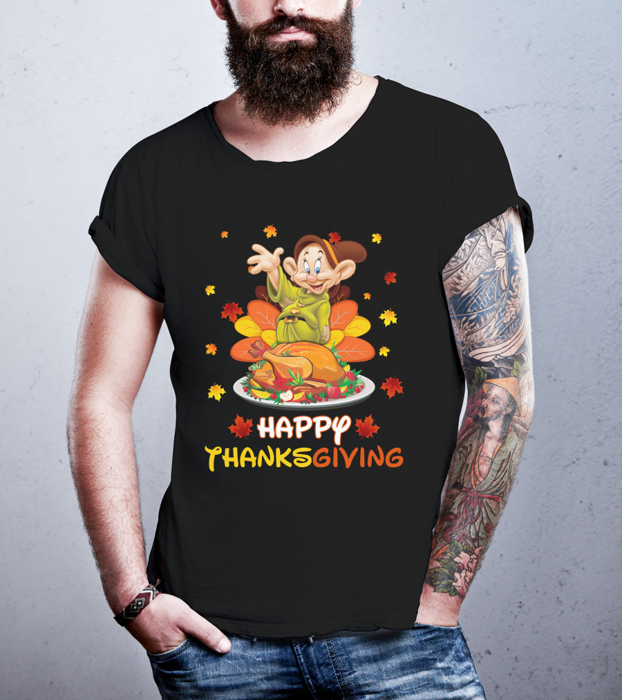 Dopey Happy Thanksgiving With Turkey And Autumn Leaves T-Shirt
