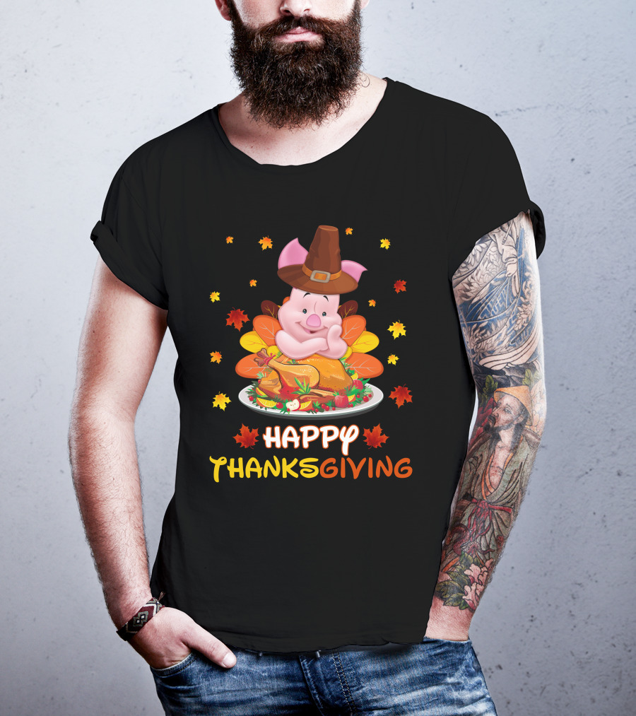 Happy Thanksgiving Piglet Feast With Autumn Leaves And Pilgrim Hat T-Shirt