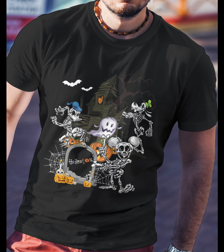 Haunted House Skeleton Dance With Ghost Webs Pumpkins And Bats Halloween T-Shirt
