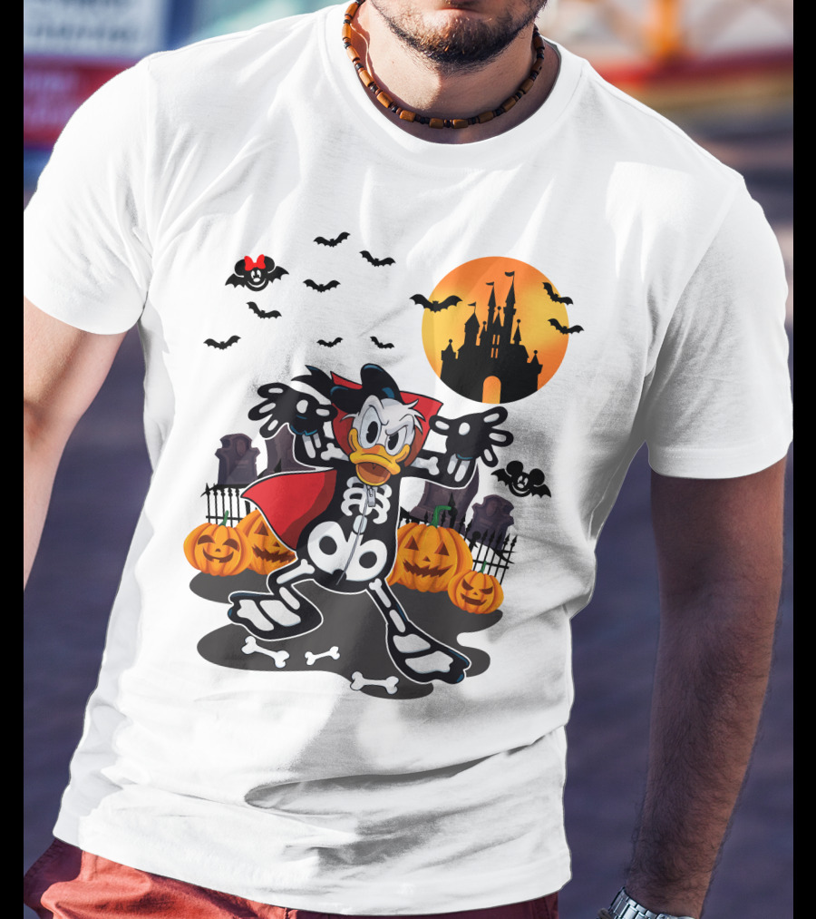Donald Duck Halloween Skeleton Costume With Bats And Castle T-Shirt